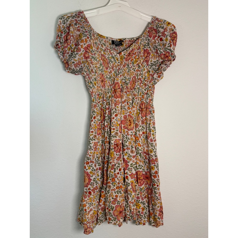 Angie Floral Smocked Mini Dress Short Puff Sleeve Tiered Boho Rayon Pink L